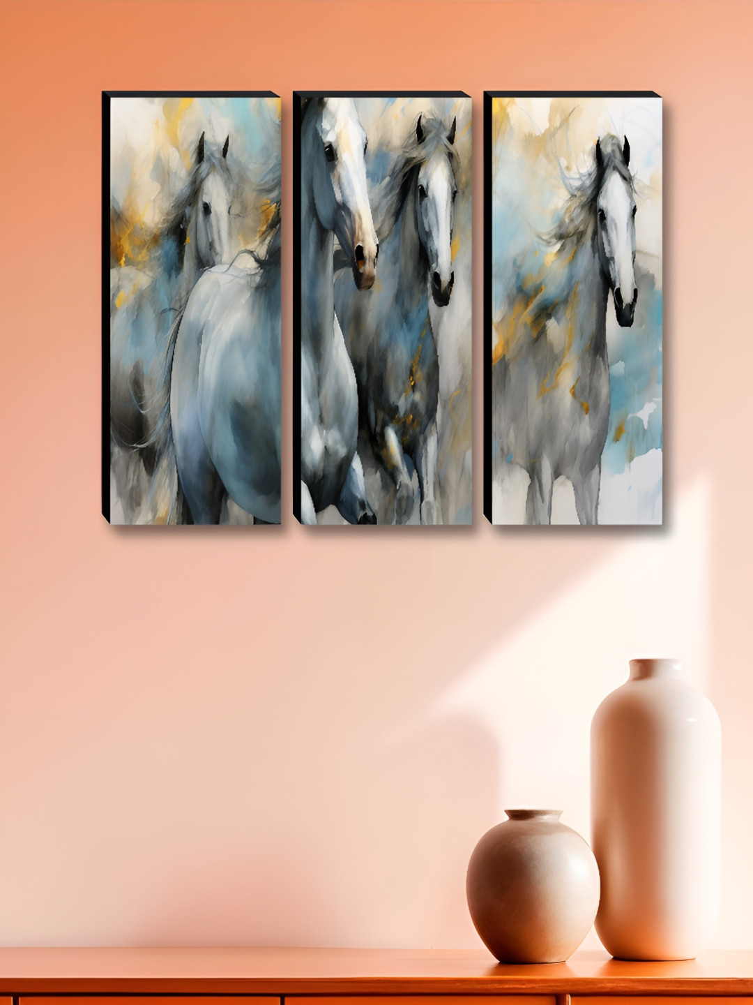 Myntra Elegant Homes Horse Wood 3 Piece Wall Rectangle Paintings Wall Art -6 x 15 In