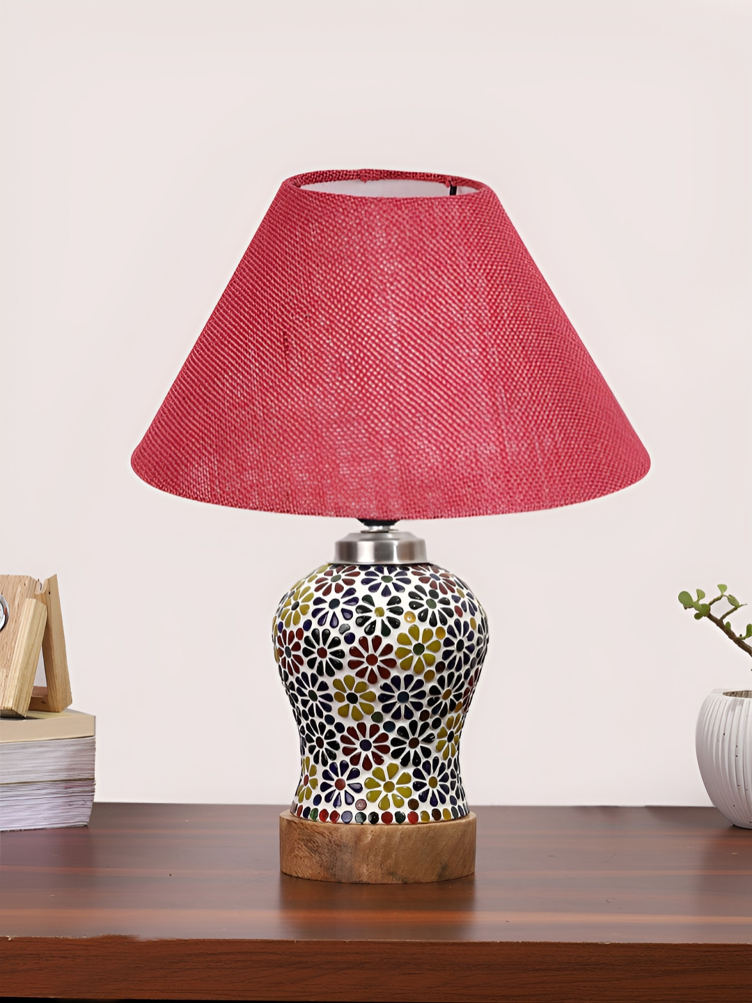 Devansh Pink Frustum Shaped Wooden Table Lamp With Mosaic Glass Base