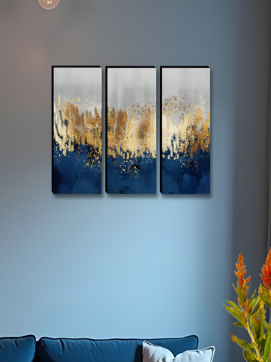 Myntra Elegant Homes Blue & White 3 Pieces Abstract Printed Wooden Wall Paintings