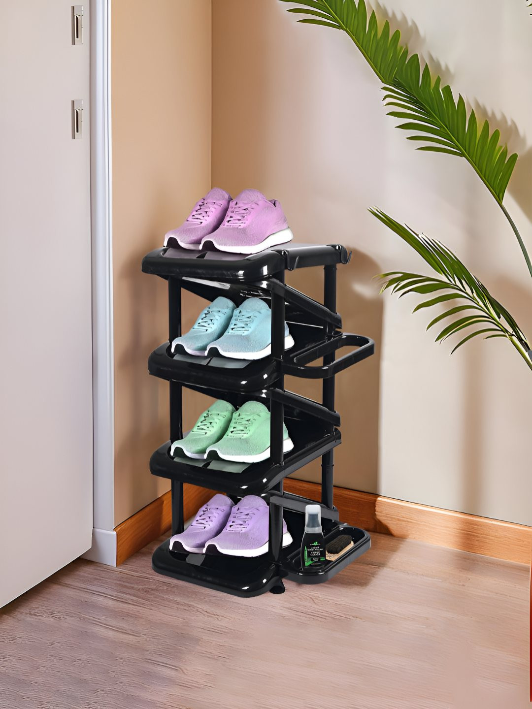 Kuber Industries Black Foldable 4 Tier Shoe Stand With Side Hooks