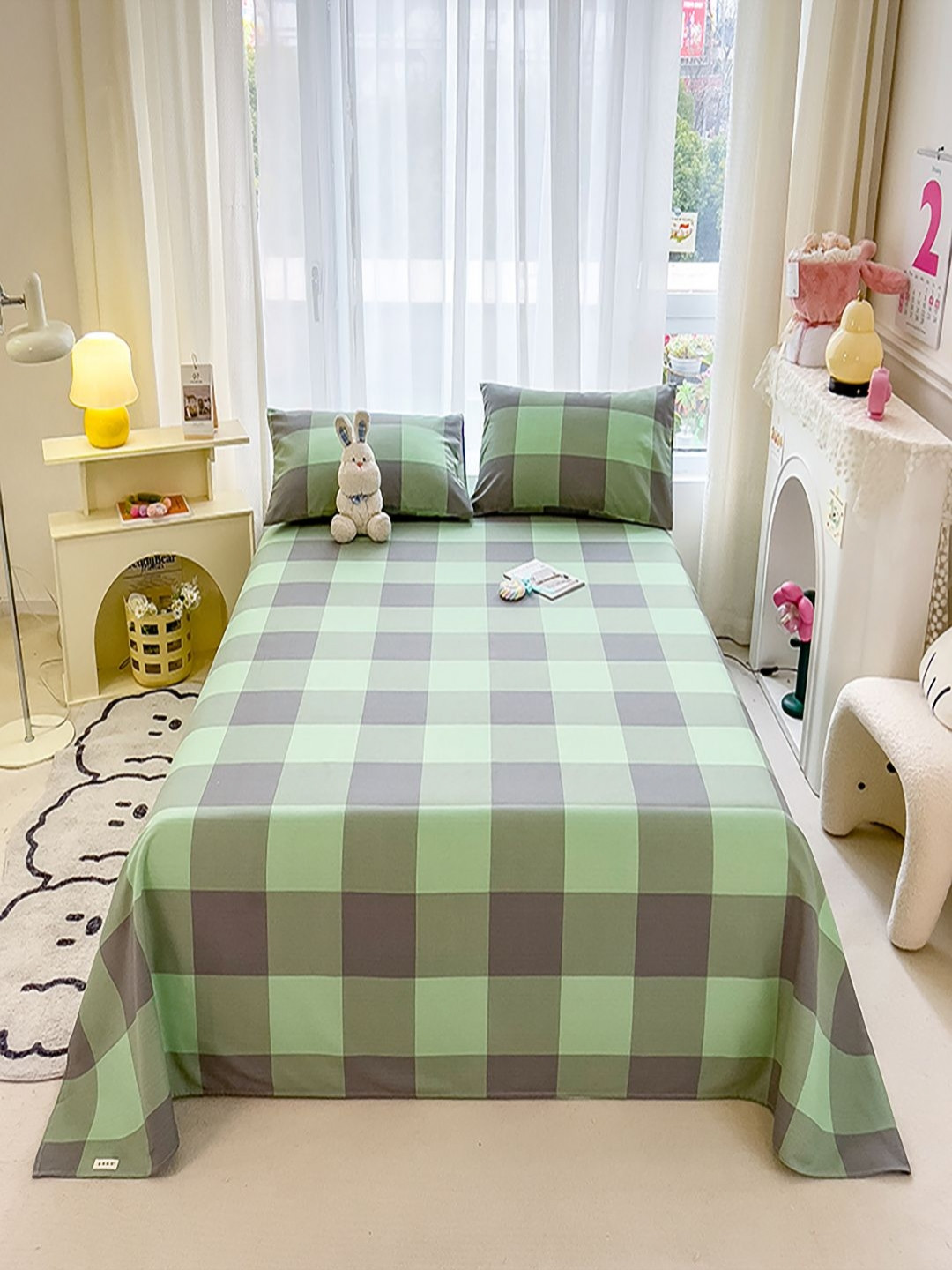 JC HOME Green Checked Polycotton 140 TC Single Bedsheet with a Pillow Cover-230 x 160 cm