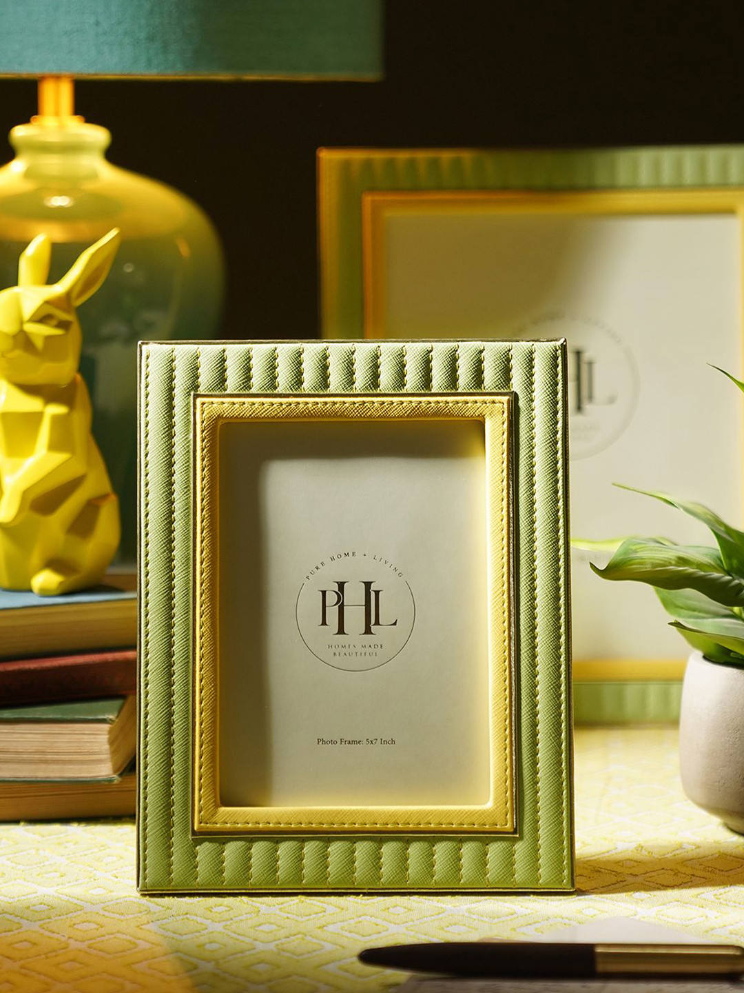 Pure Home and Living Green & Yellow Stitched Glass Table Photo Frame