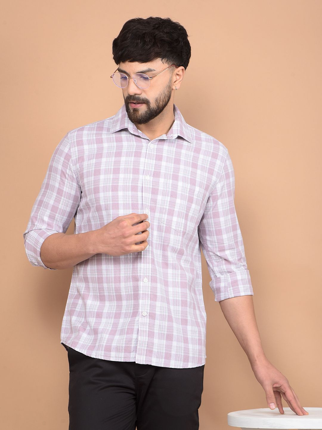 Crimsoune Club Men Classic Fit Spread Collar Tartan Checked Cotton Casual Shirt