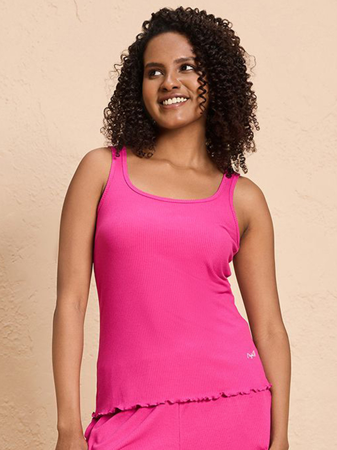 Nykd Women Soft Ribbed Cami With Scoop Neck & Curled Hem Detail Tank Cotton Top