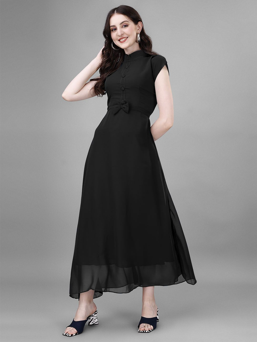 Raiyani Enterprise High Neck Cap Sleeve Georgette Fit and Flare Maxi Dress