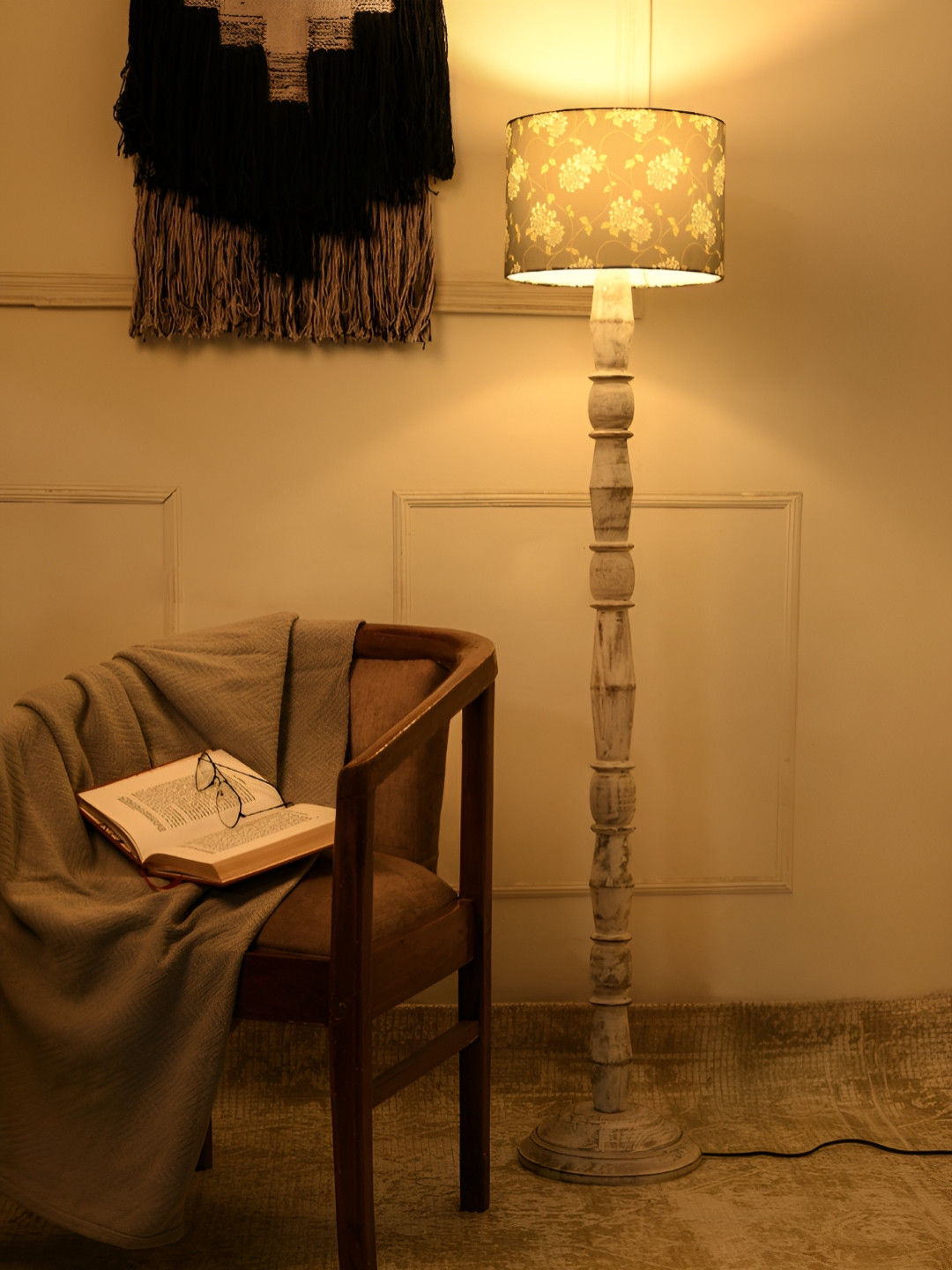 green girgit White & Brown Leaves Printed Wooden Cylinder Shaped Floor Lamp