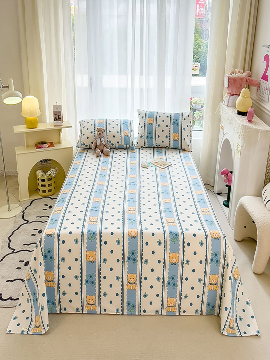 JC HOME Saf_Dbs_Fril White Graphic Polycotton 140 TC Single Bedsheet with 2 Pillow Covers-63 x 91 inches