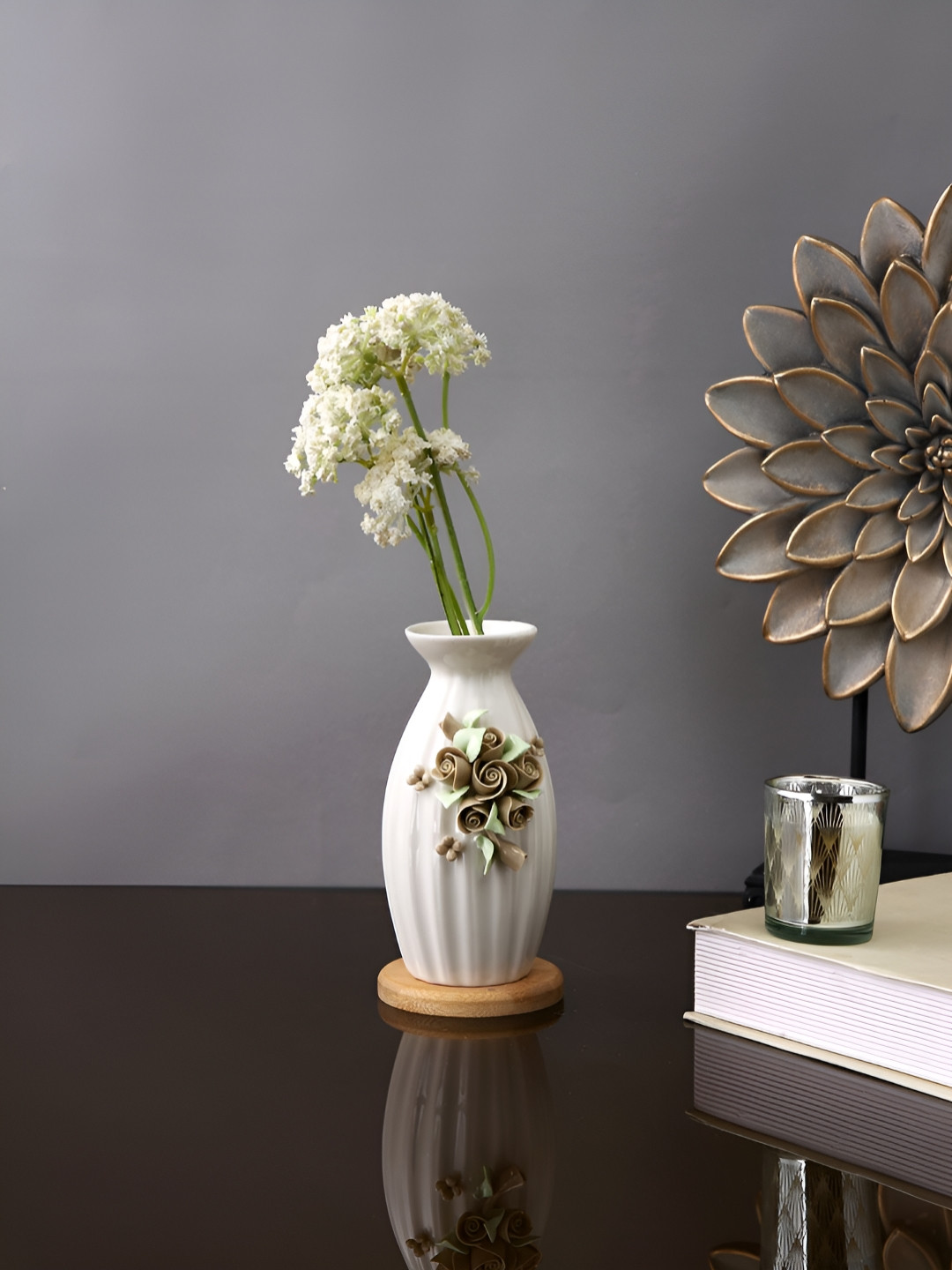 TAYHAA White & Beige Textured Ceramic Bloom Wide Mouth Flower Vase