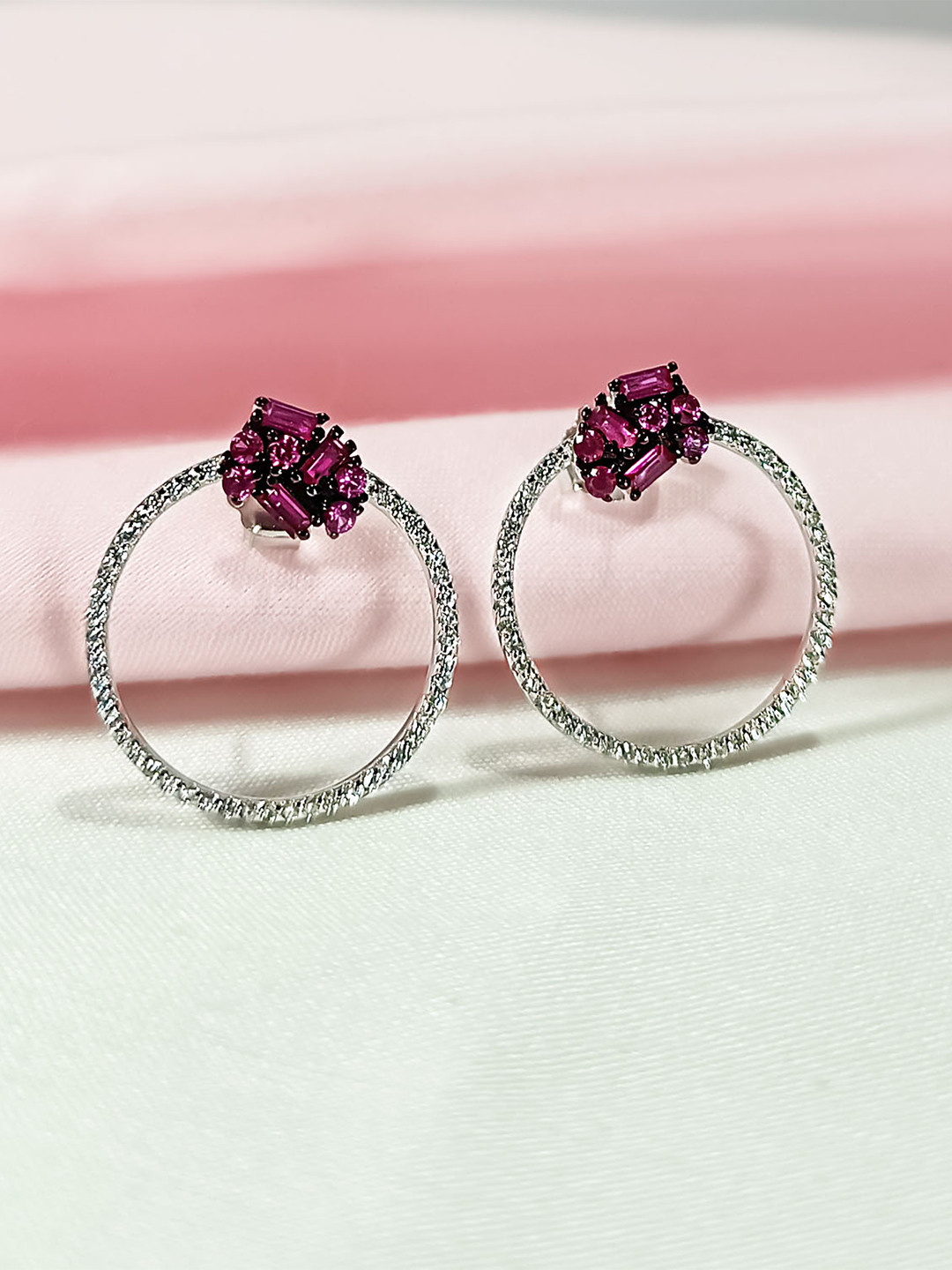 INARI SHINES 925 Sterling Silver Cubic Zirconia and Ruby Studded Drop Earrings
