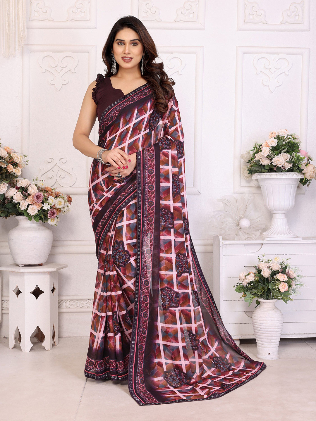 Ambuja International Checked Printed Saree