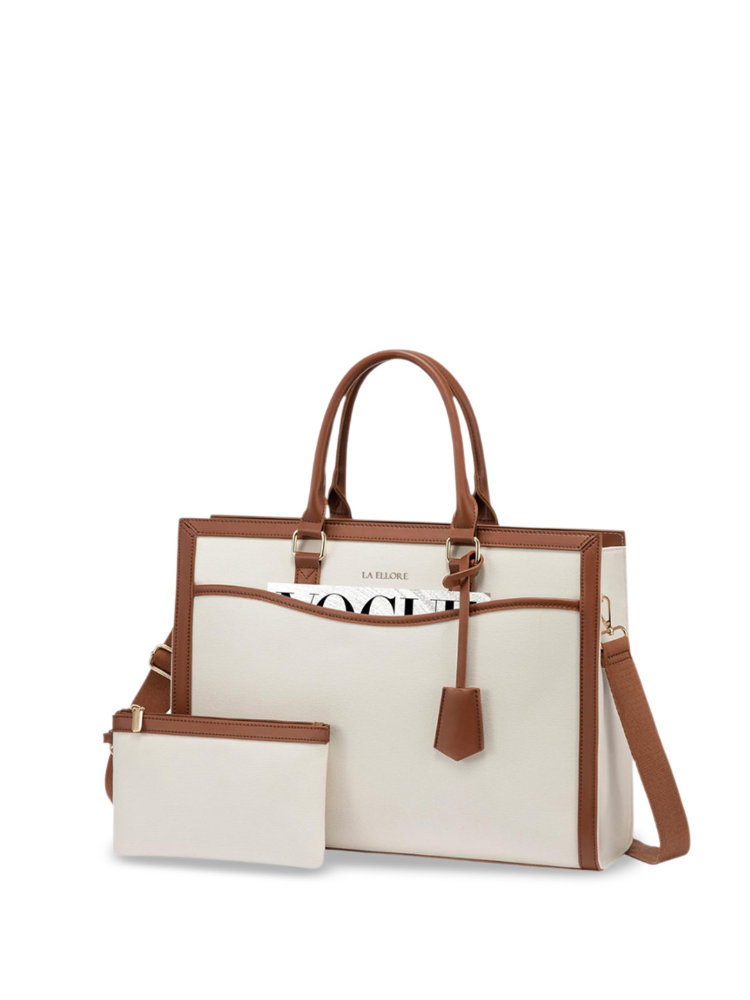 LA ELLORE Women Colorblock White Solid Vegan Leather Handheld Bag with Small Pouch