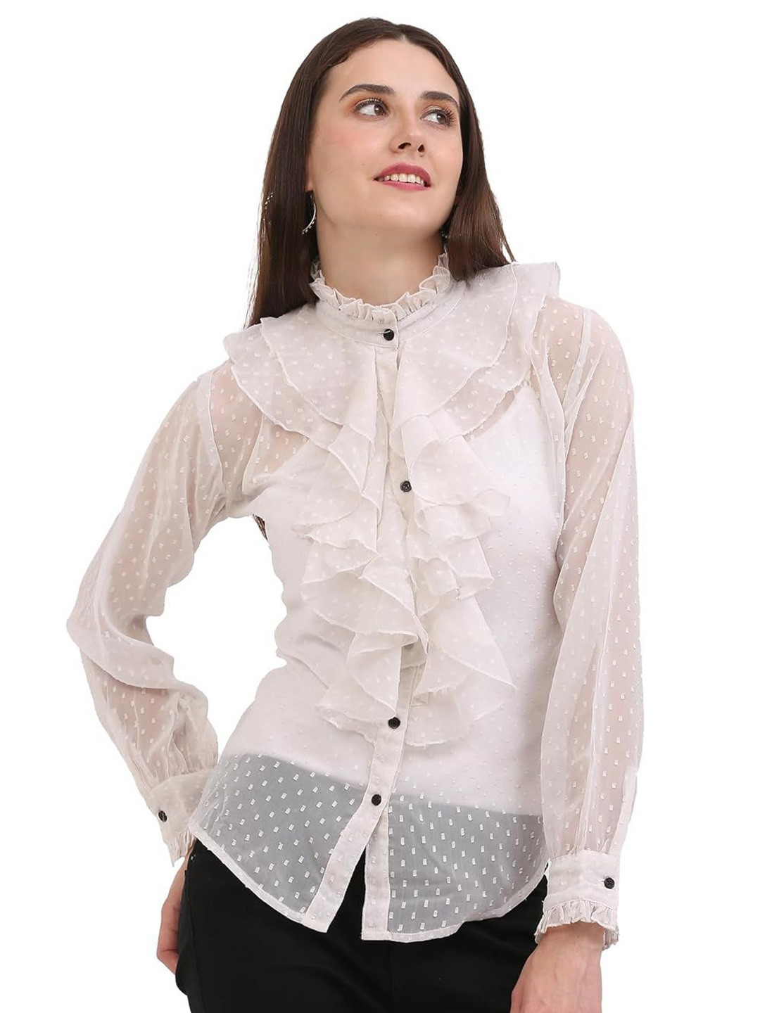 Tishani White Ruffled High Neck Shirt Style Top