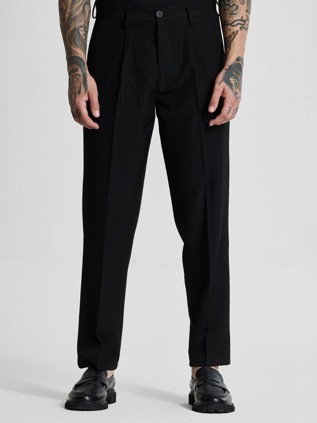 Snitch Men Tailored Black Mid-Rise Slim Fit Trousers