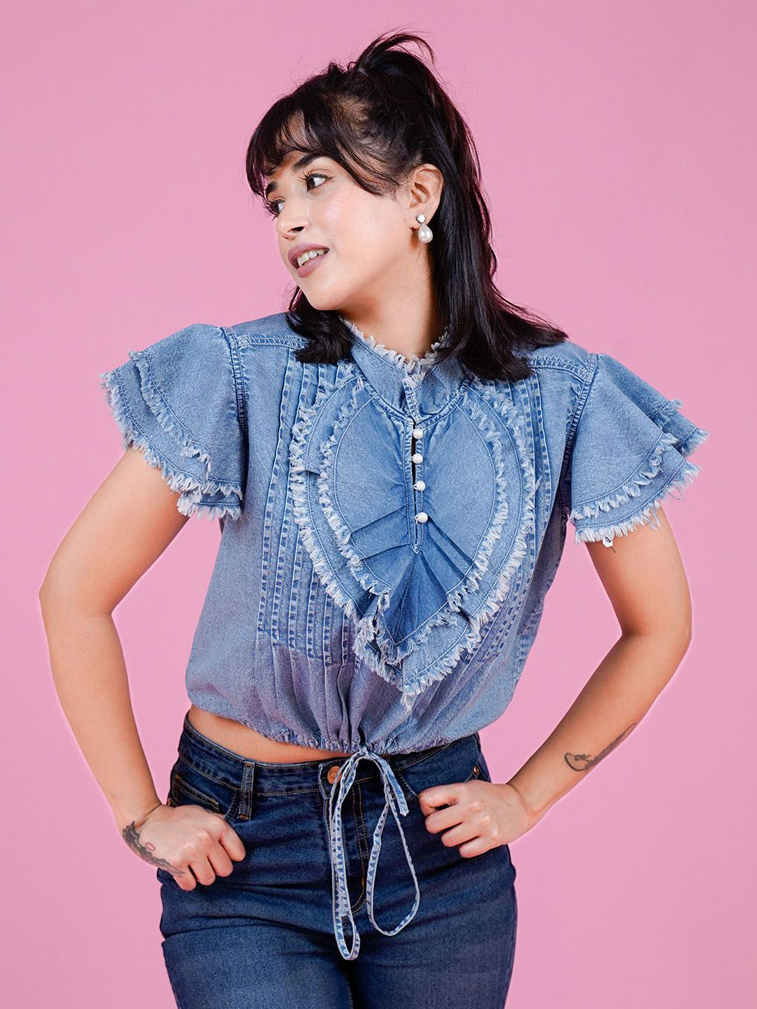 COSMIC TRIO Ruffles Cotton Denim Blouson Crop Top