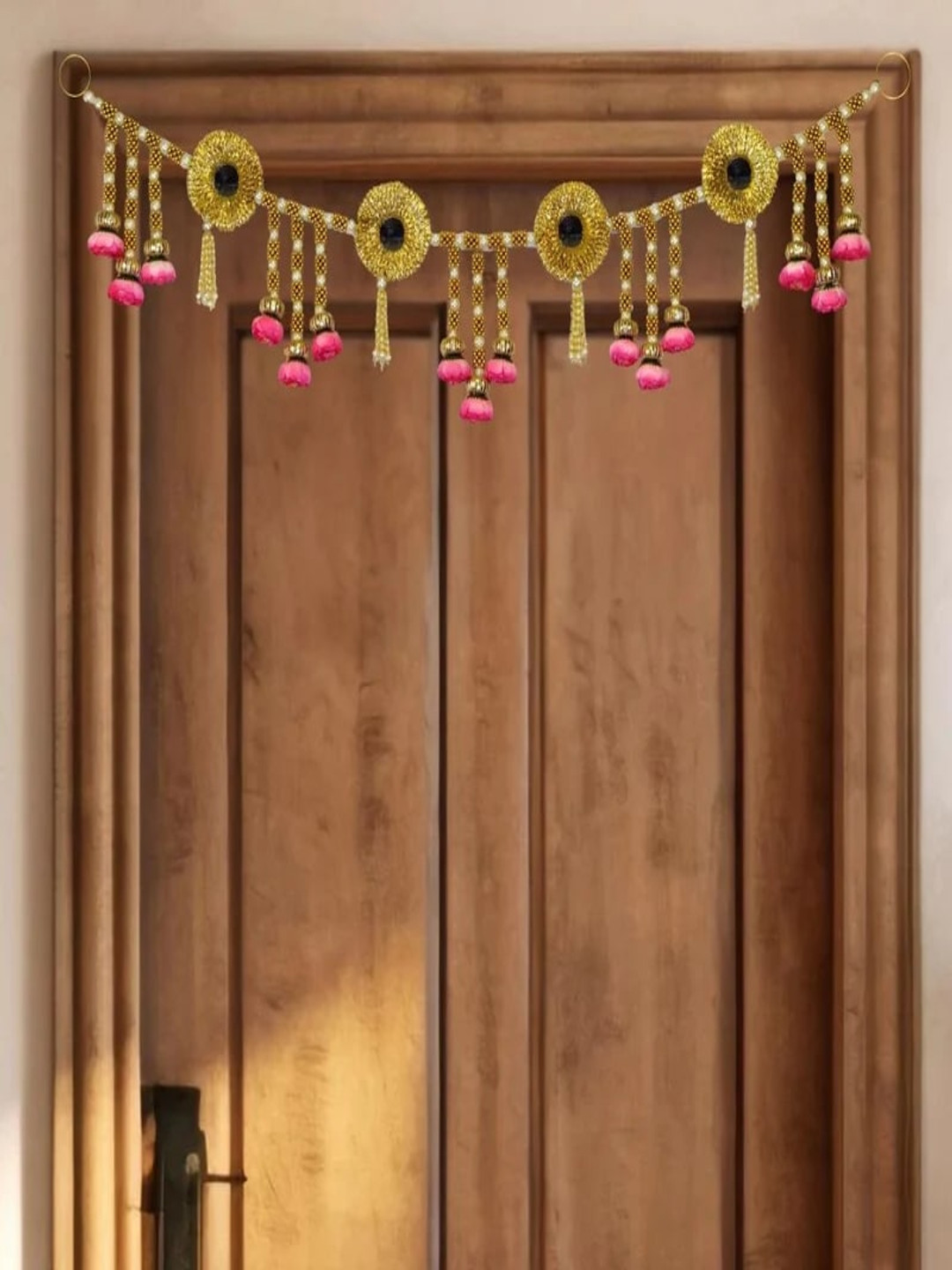 THE HOME CO. Pink  & Yellow Flower Hanging Toran With Gota Mirror