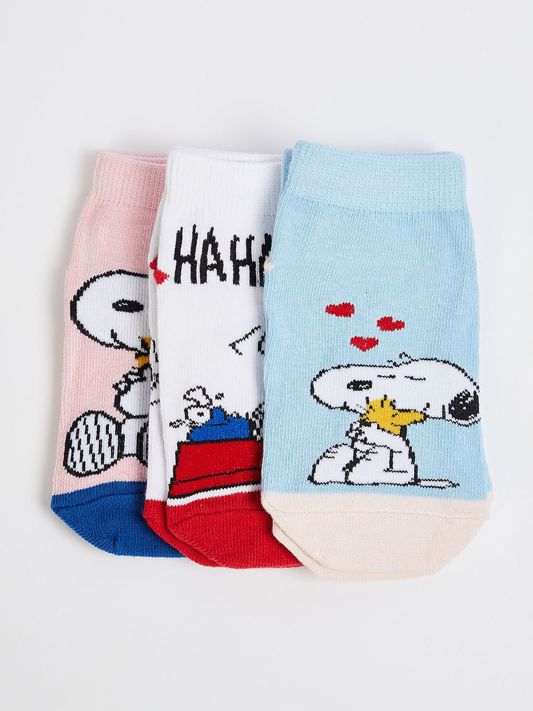 max Girls Pack Of 3 Snoopy Patterned Ankle Length Socks