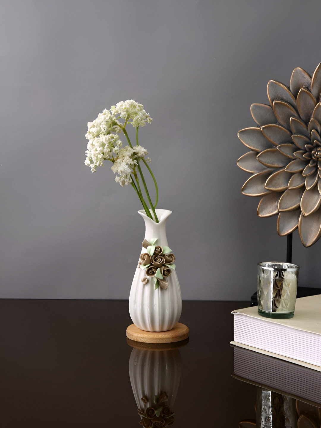 TAYHAA White & Beige Bloom Flared Textured Ceramic Flower Vase