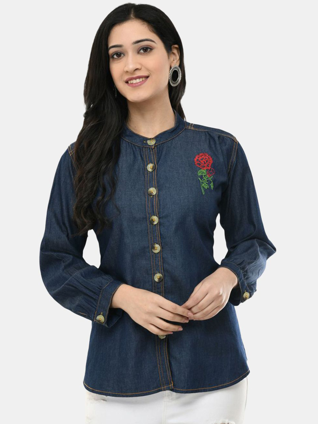 VAAMII Women Embroidered Mandarin Collar Denim Shirt Style Top