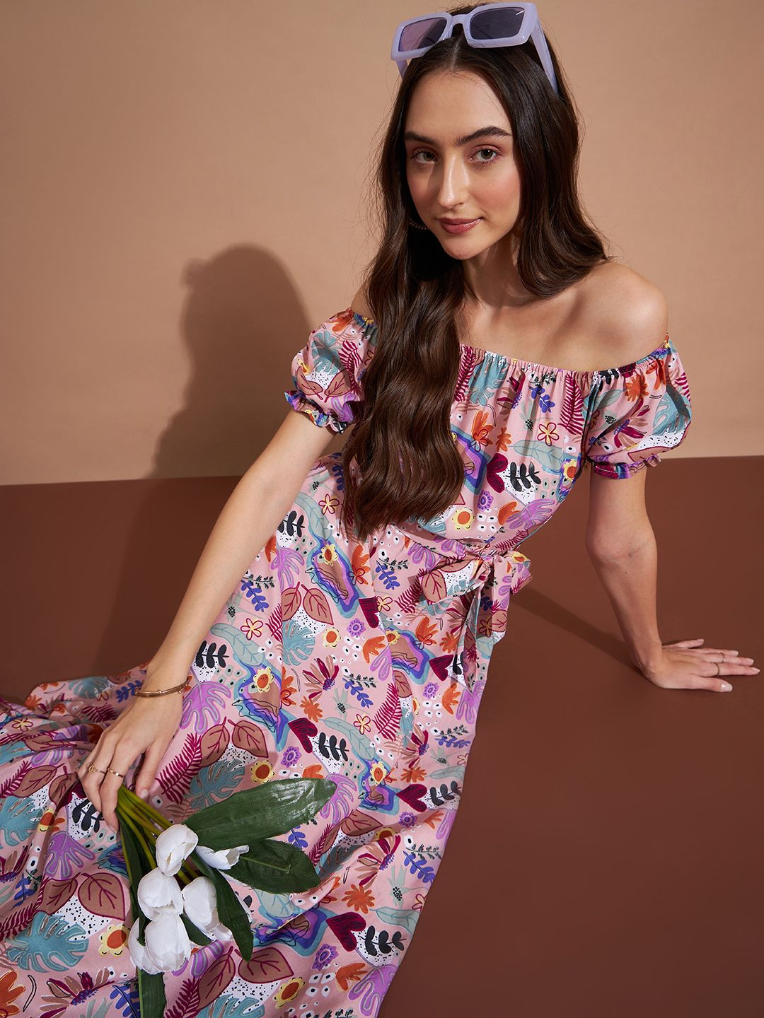 CORSICA Tropical Printed Off-Shoulder Puff Sleeve Crepe A-Line Midi Dress With Tie-Ups