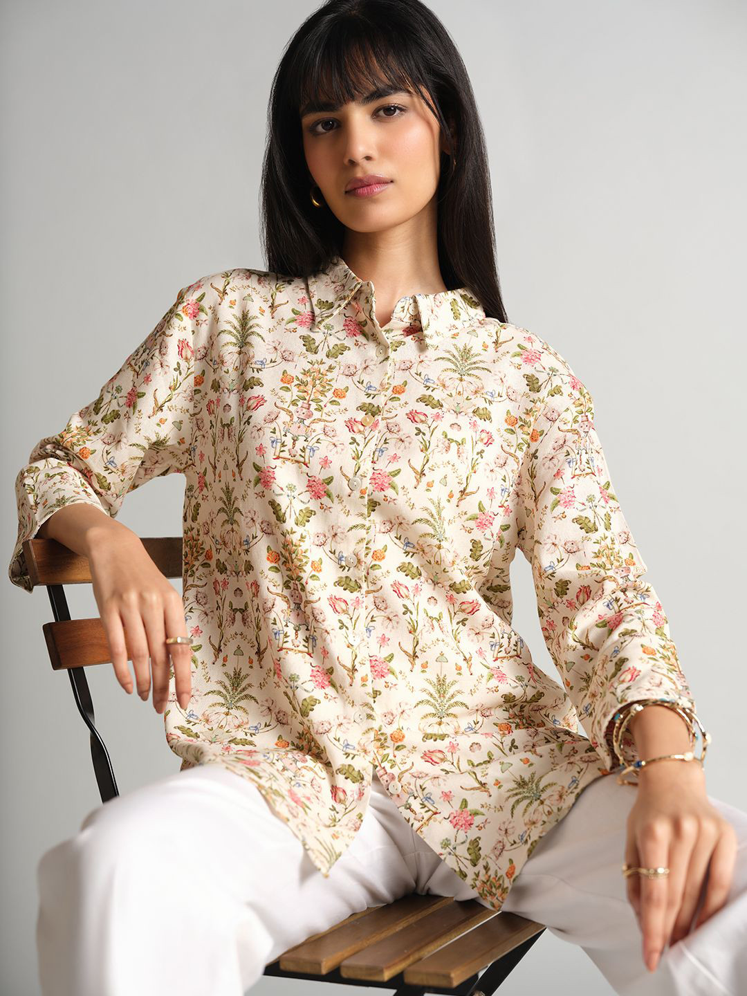 AND Women Floral Printed Tie-Up Neck Shirt Style Top
