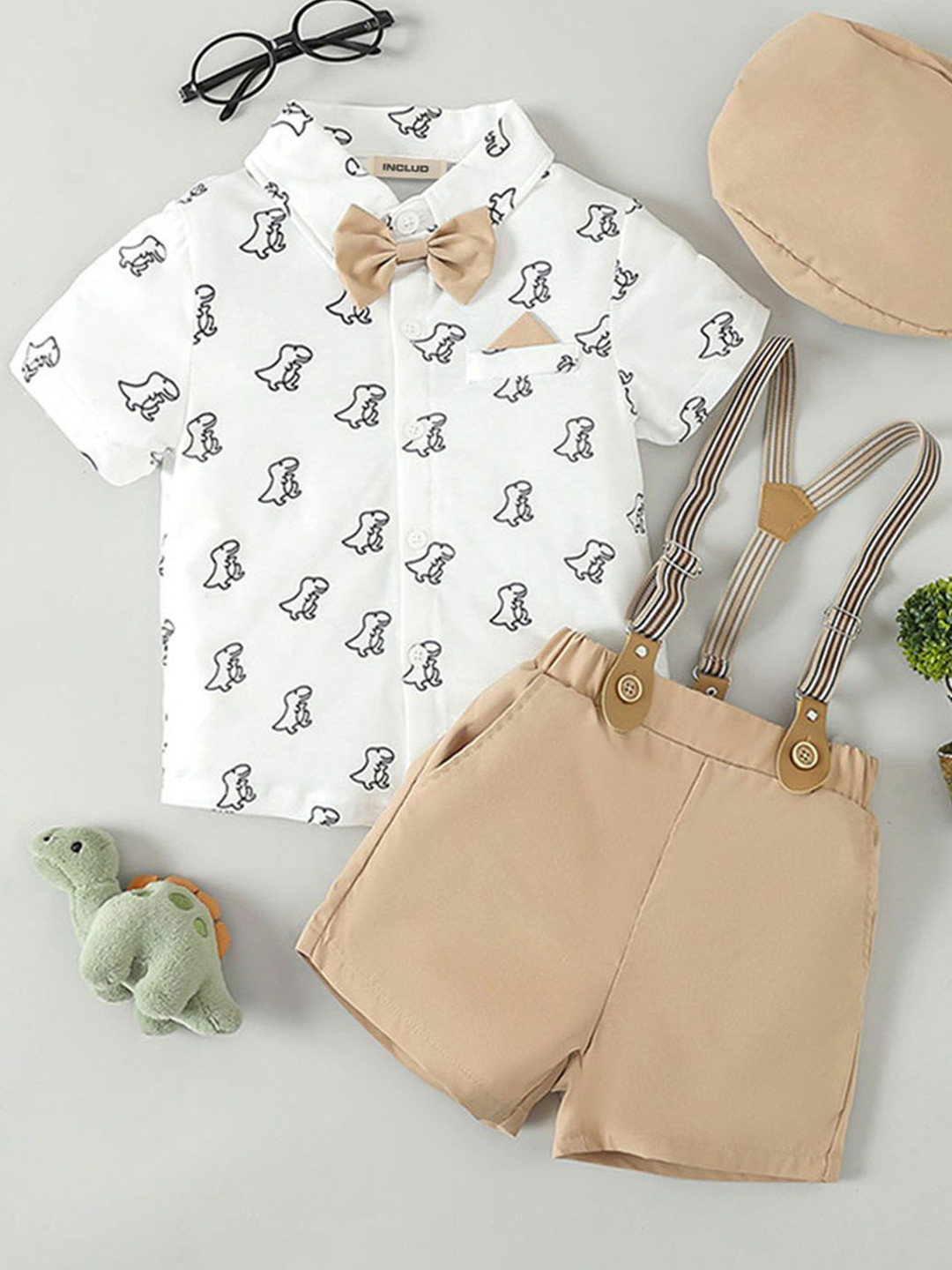 INCLUD Boys Conversational Printed Shirt Collar Shirt With Suspender Shorts