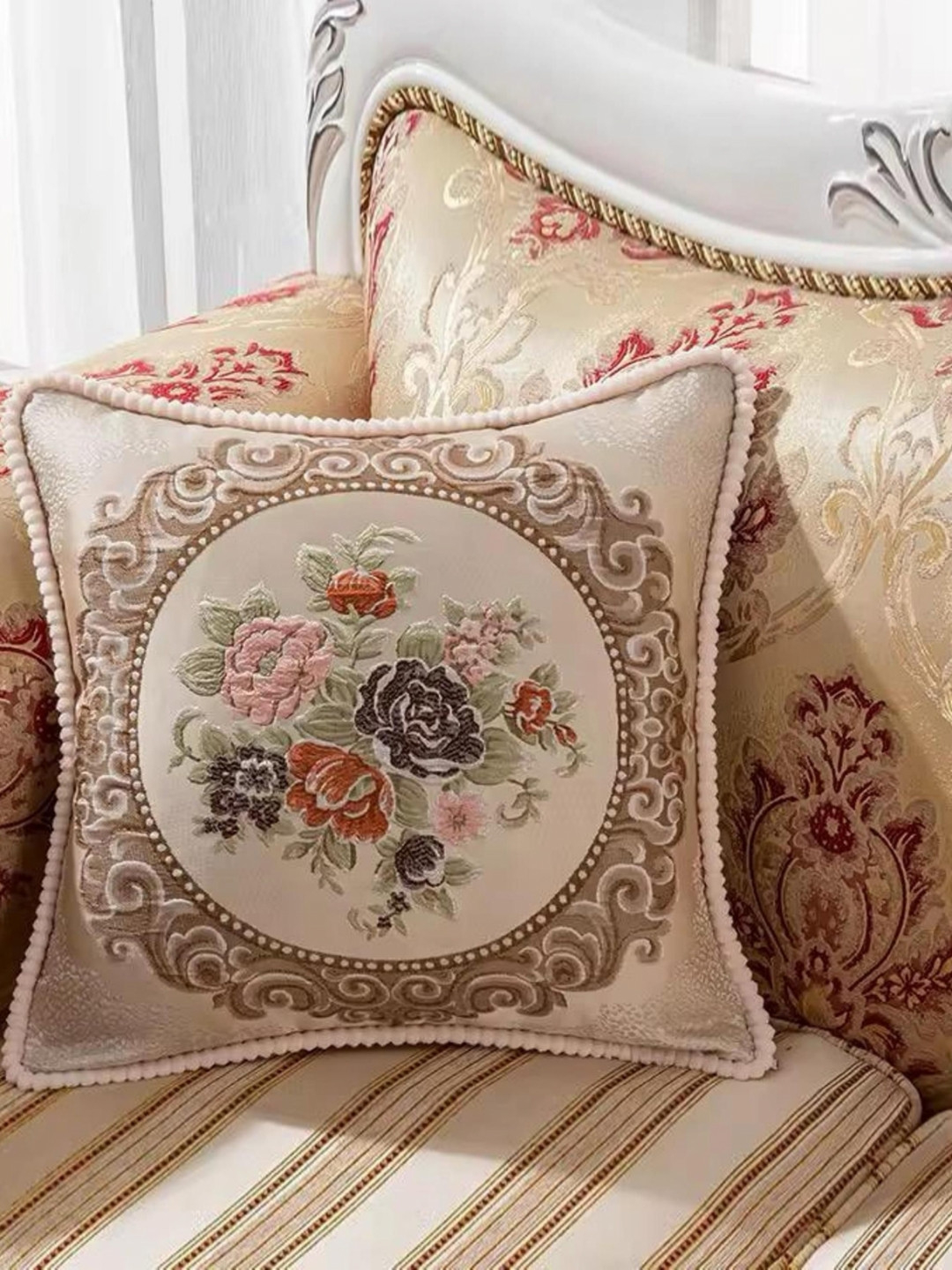 MONKDECOR Cream-Coloured & Pink Floral Embroidered Jacquard Square Cushion Cover