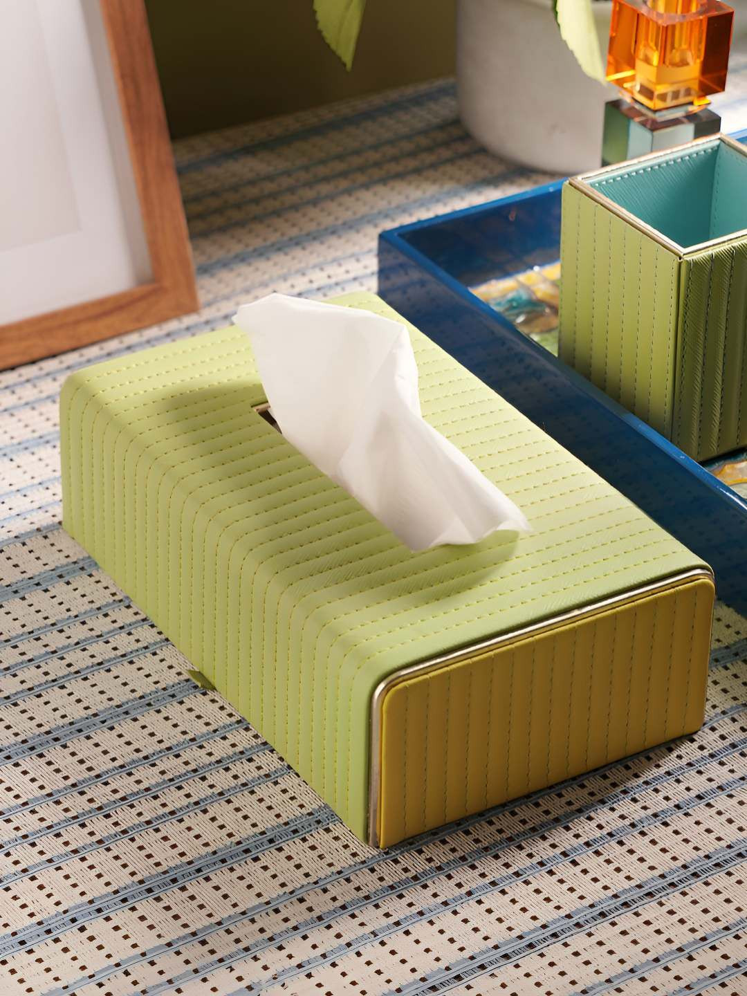 Pure Home and Living Green & Yellow Leather Tissue Holder