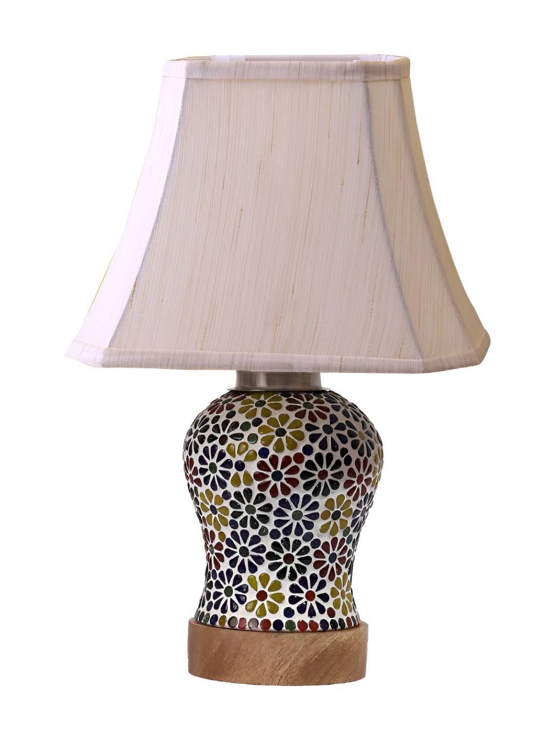 Devansh Off White Rectangular Shape Wooden Table Lamp With Mosaic Glass Base