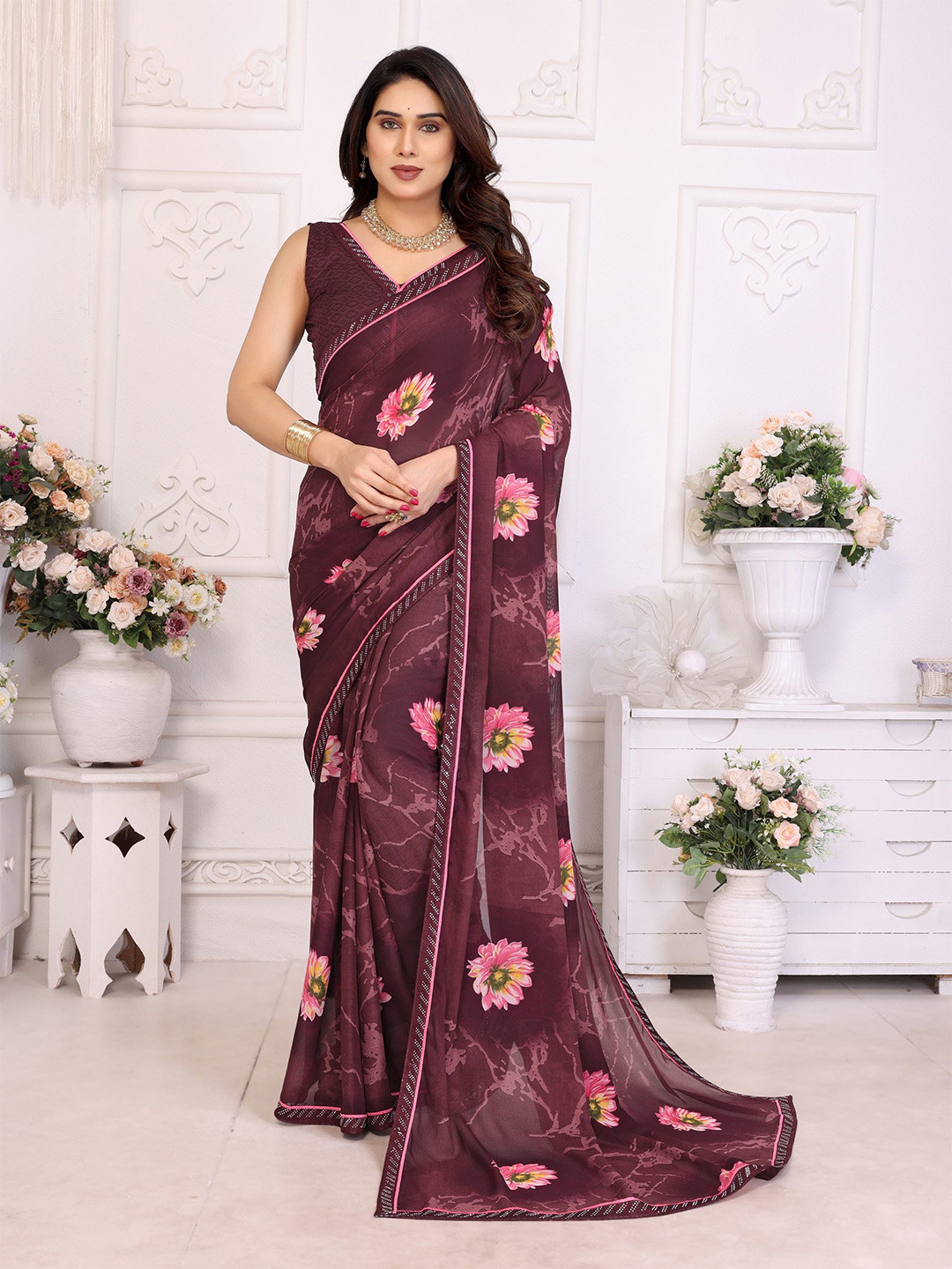 The Textile Hub Floral Print Beads and Stones  Saree