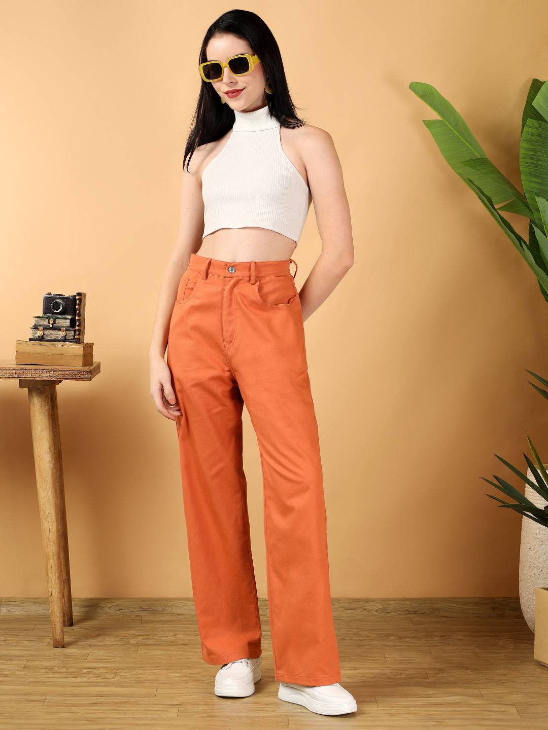 Kotty Women Solid Orange High-Waist Straight fit Easy Wash Trousers