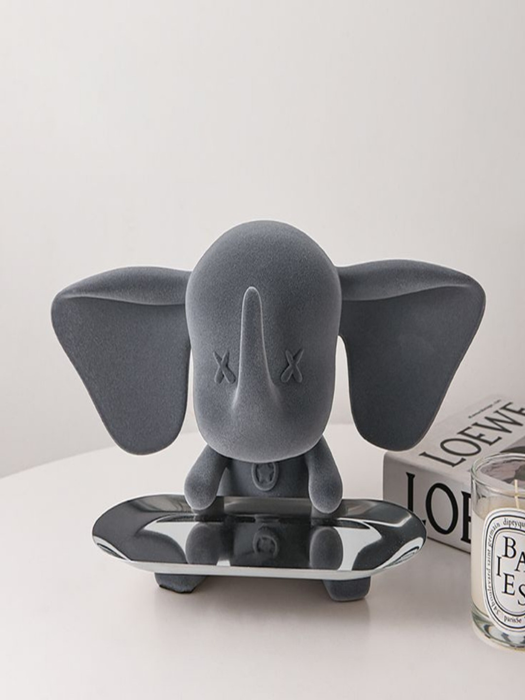 The Golden Theory Cute Elephant with Tray Grey Polyresin Matte Small Showpiece