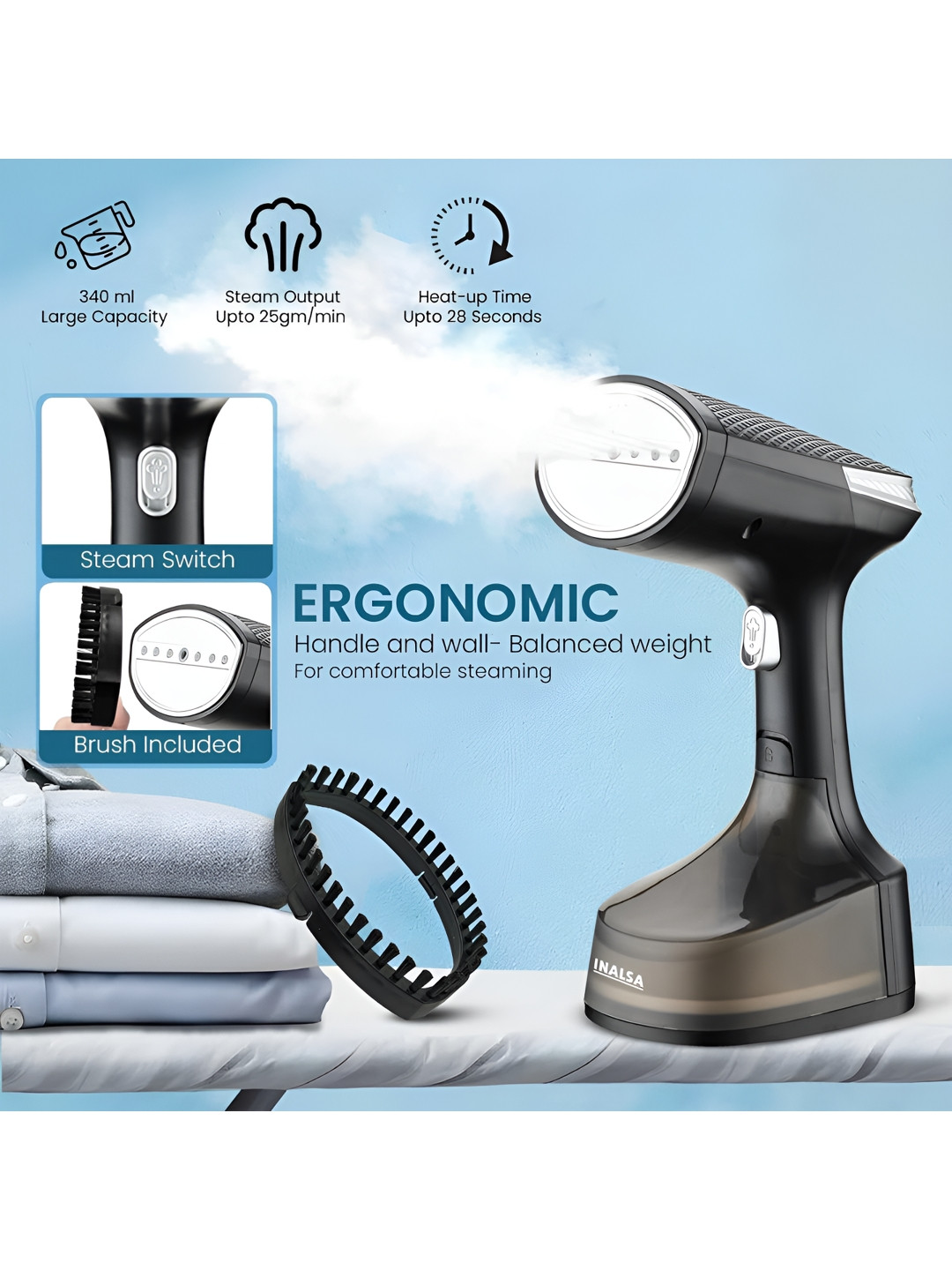 Inalsa Black Stainless Steel Spray & Steam Burst Setting Garment Steamer-1600W