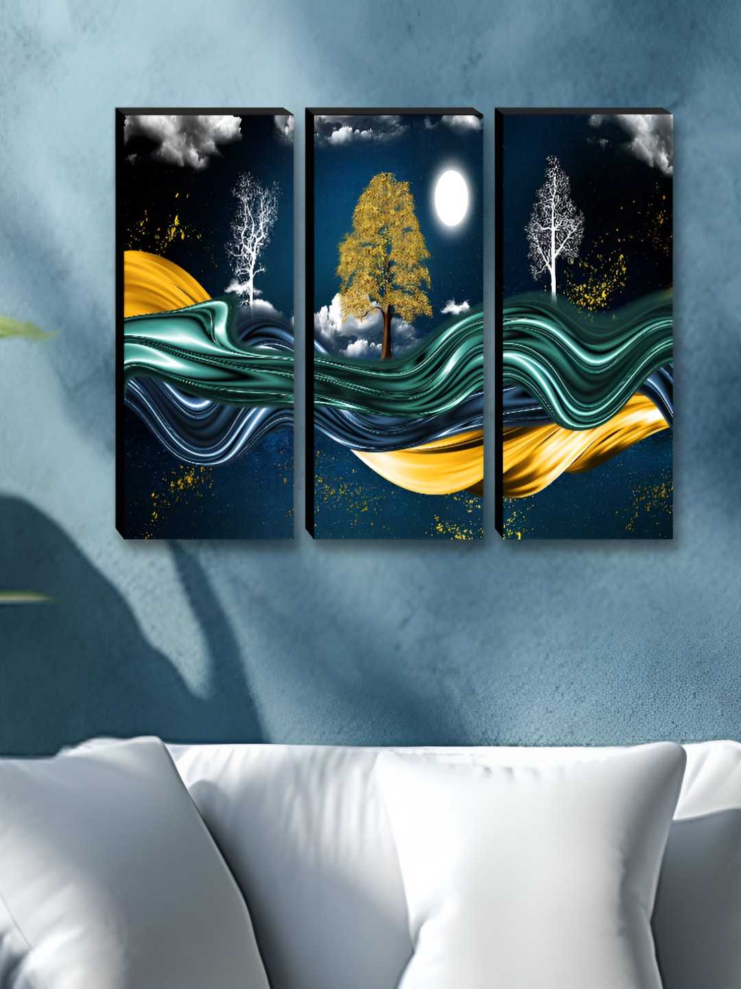 Myntra Elegant Homes Navy Blue 3 Pcs Wooden Tree & Moon Floral & Botanical Wall Art