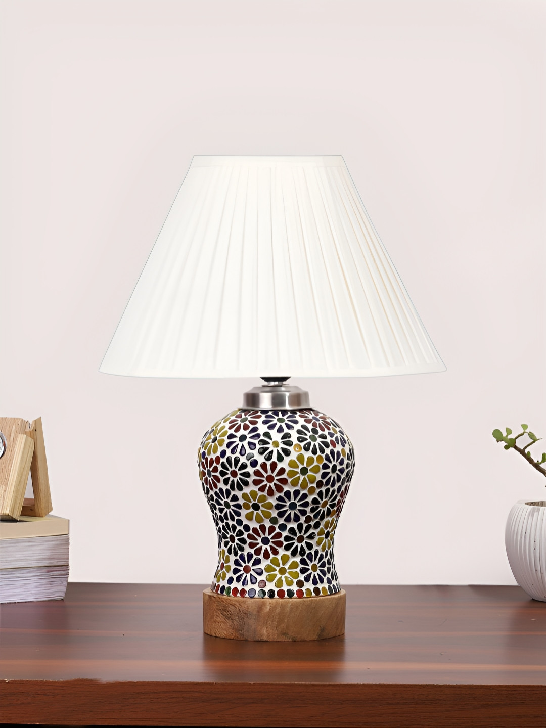 Devansh Off White Textured Frustum Shaped Wooden Table Lamp With Mosaic Glass Base