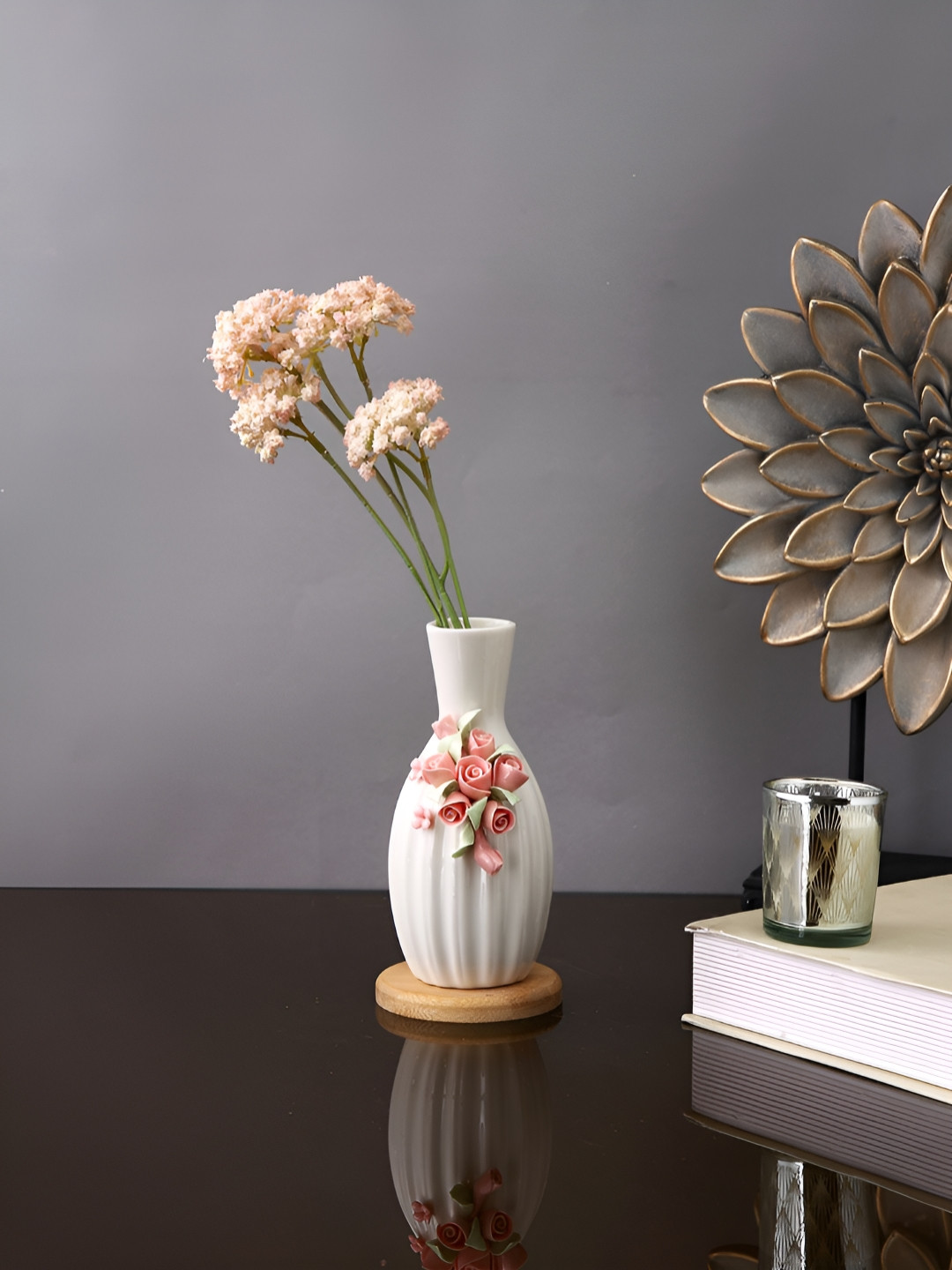TAYHAA White & Pink Textured Ceramic Floral Rounded Flower Vase
