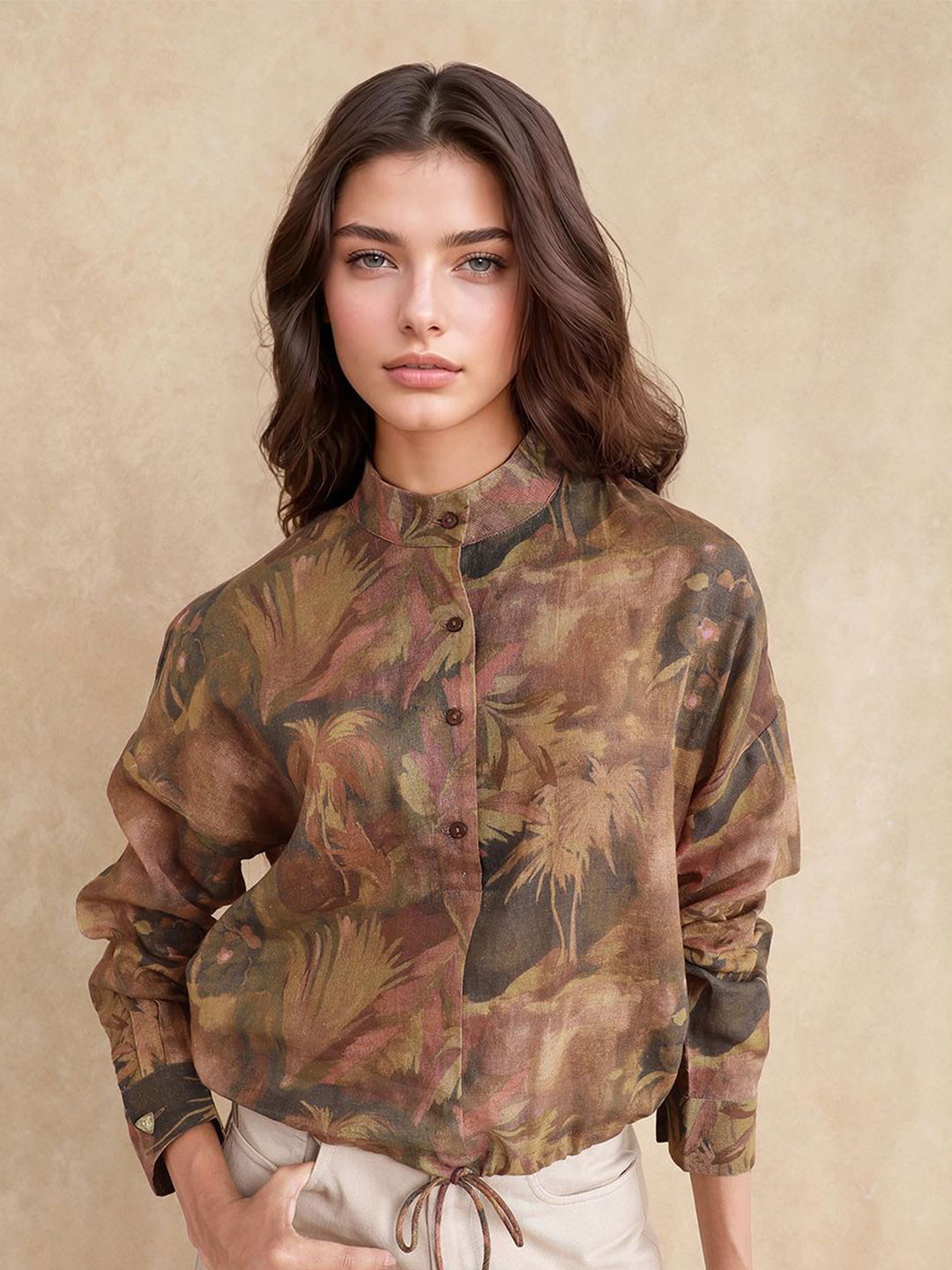 RAREISM RONIQ DARK GREEN Women Printed Mandarin Collar Cotton Top