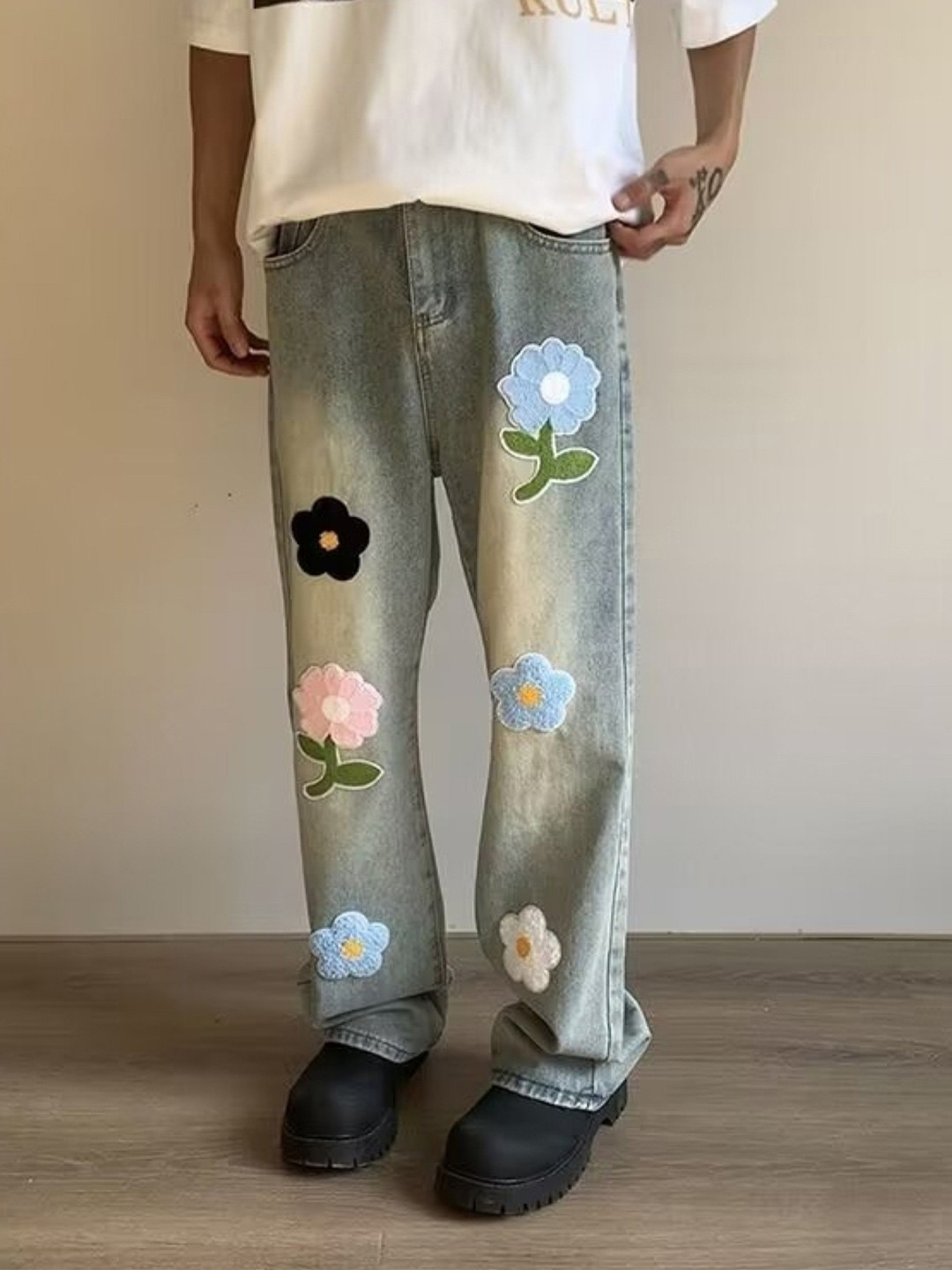 StyleCast Men Relaxed Fit Heavy Fade Flower Applique Cotton Jeans