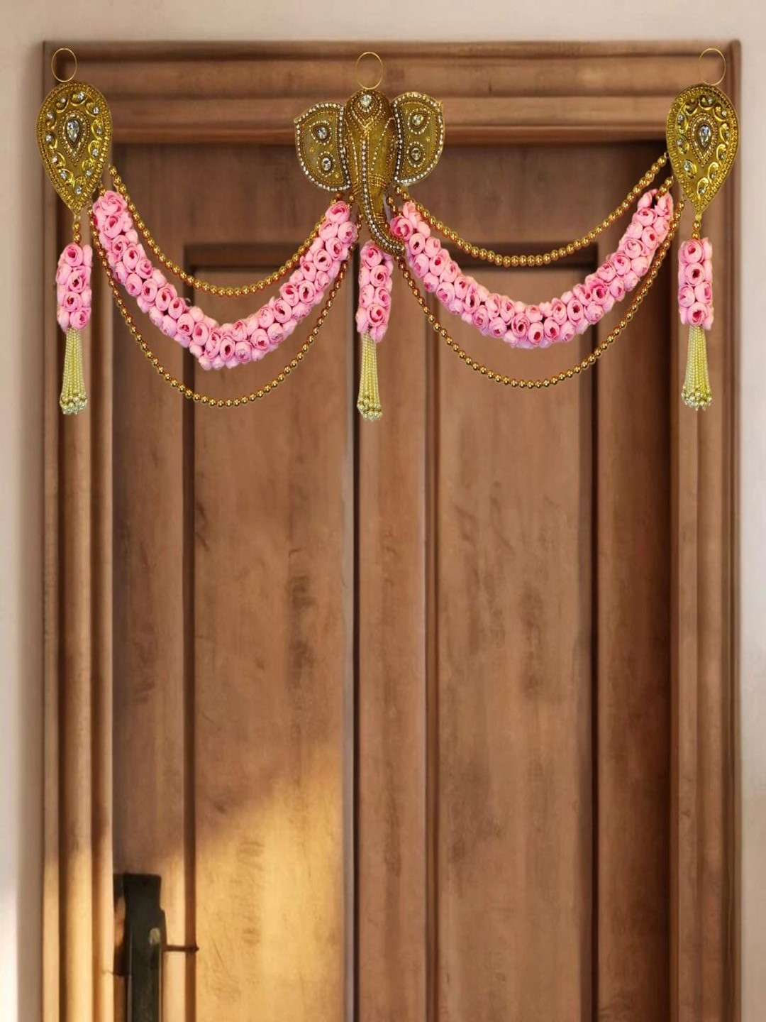 THE HOME CO. Pink & Yellow Ganesha Garland With Gold Leaf And Pearl Beaded Toran
