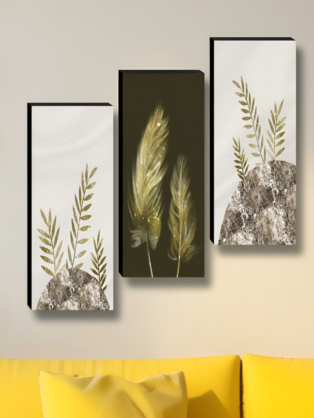 Myntra Elegant Homes Leaf Wood 3 Piece Wall Rectangle Paintings Wall Art -6 x 15 In
