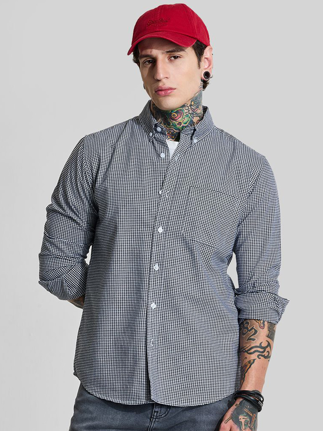 Snitch Men Button-Down Collar Micro Checked Cotton Casual Shirt