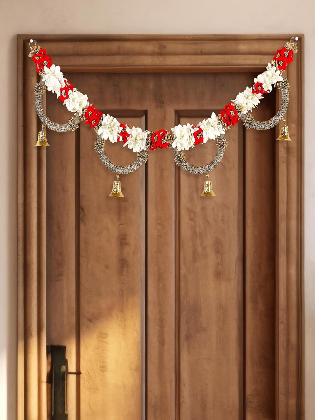 THE HOME CO. Red & White Metal Textured Scalp Toran Festive Decor