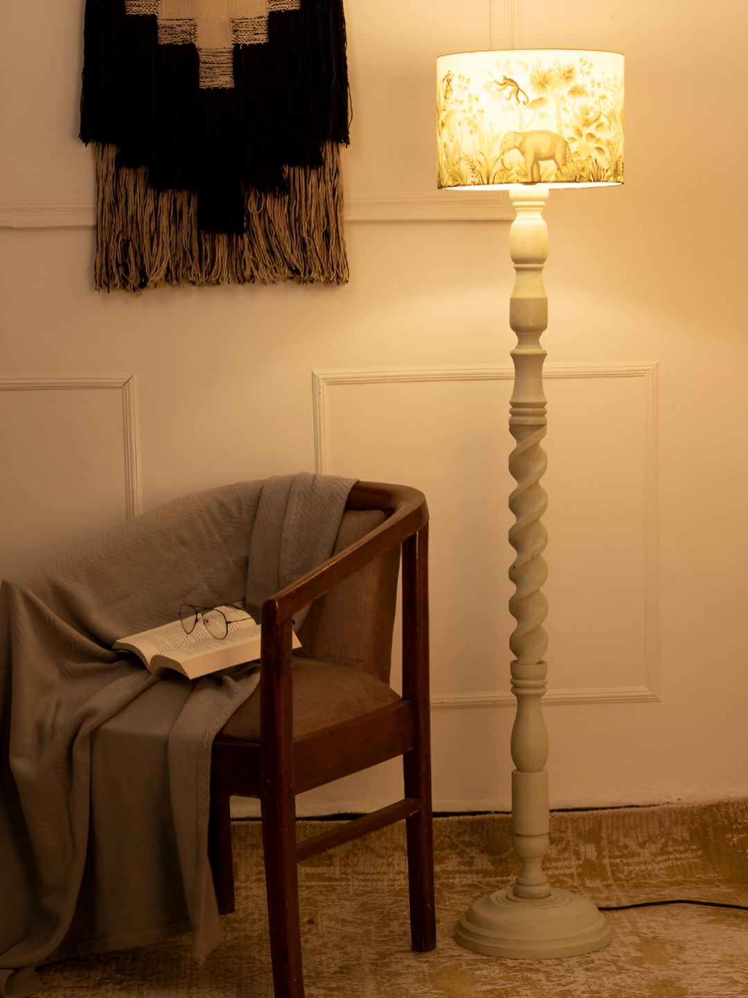 green girgit Olive Green & Brown Printed Cylindrical Wooden & Jute Drum Floor Lamp