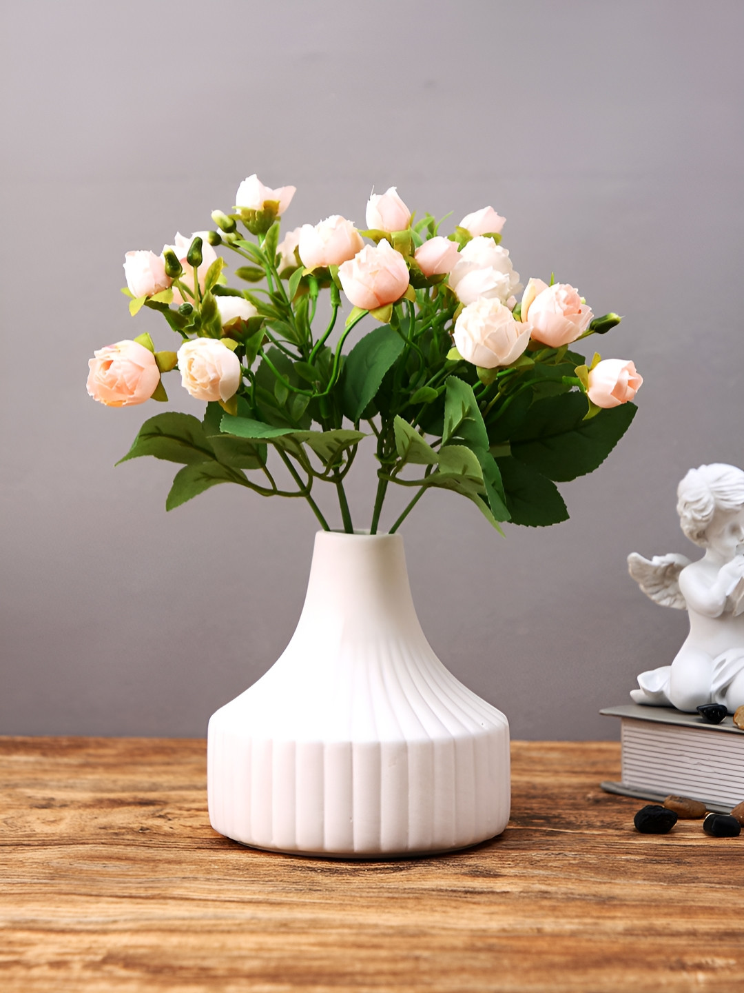 TAYHAA White Ribbed Textured Ceramic Flower Vase
