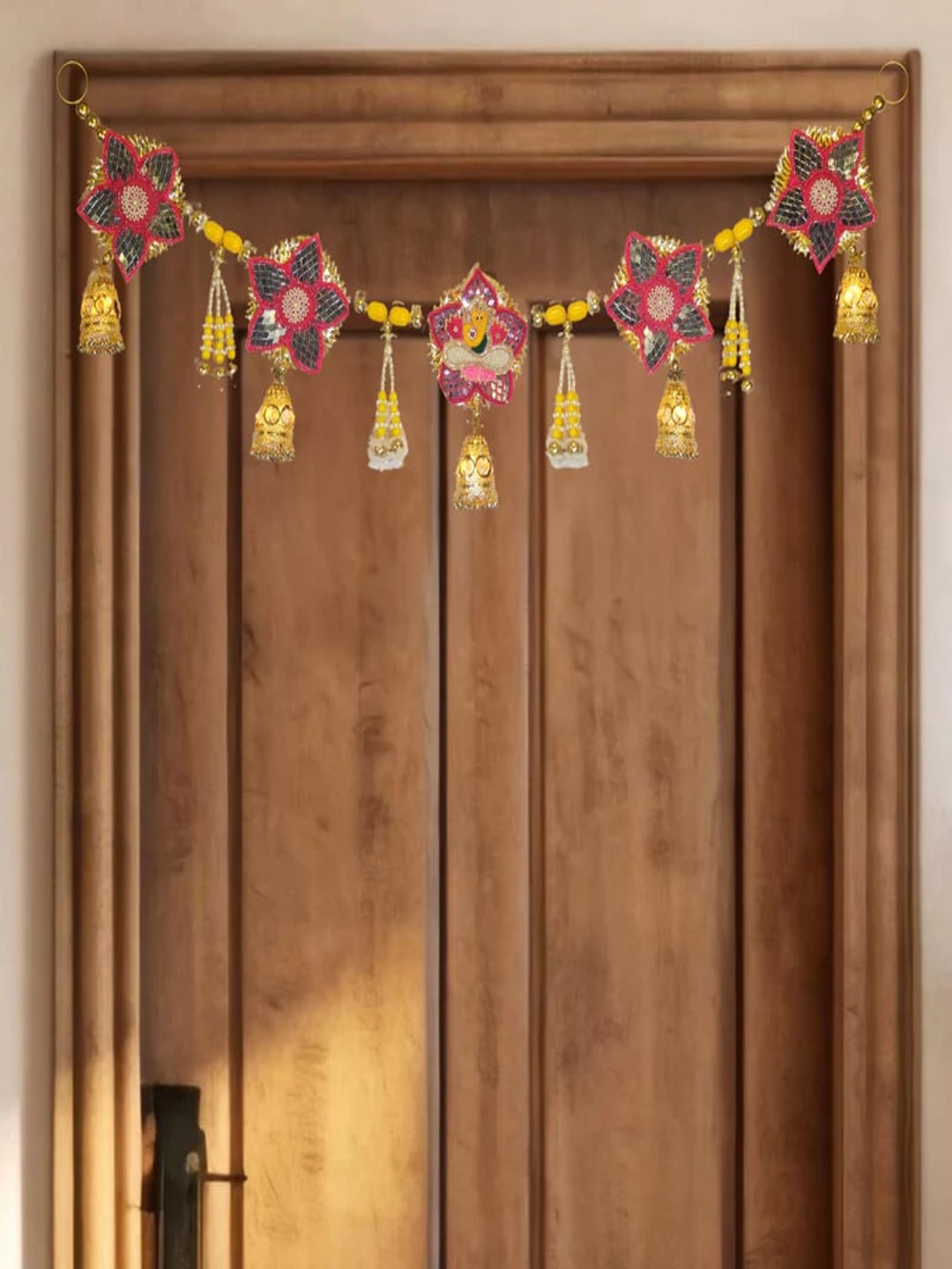 THE HOME CO. Pink & Yellow Ganesha With Mirror & Beaded Hanging Bell Gold Toran