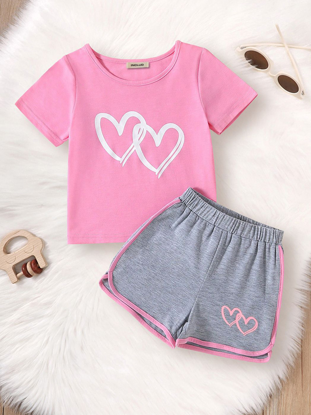 INCLUD Girls Heart Printed Short Sleeves T-shirt With Shorts