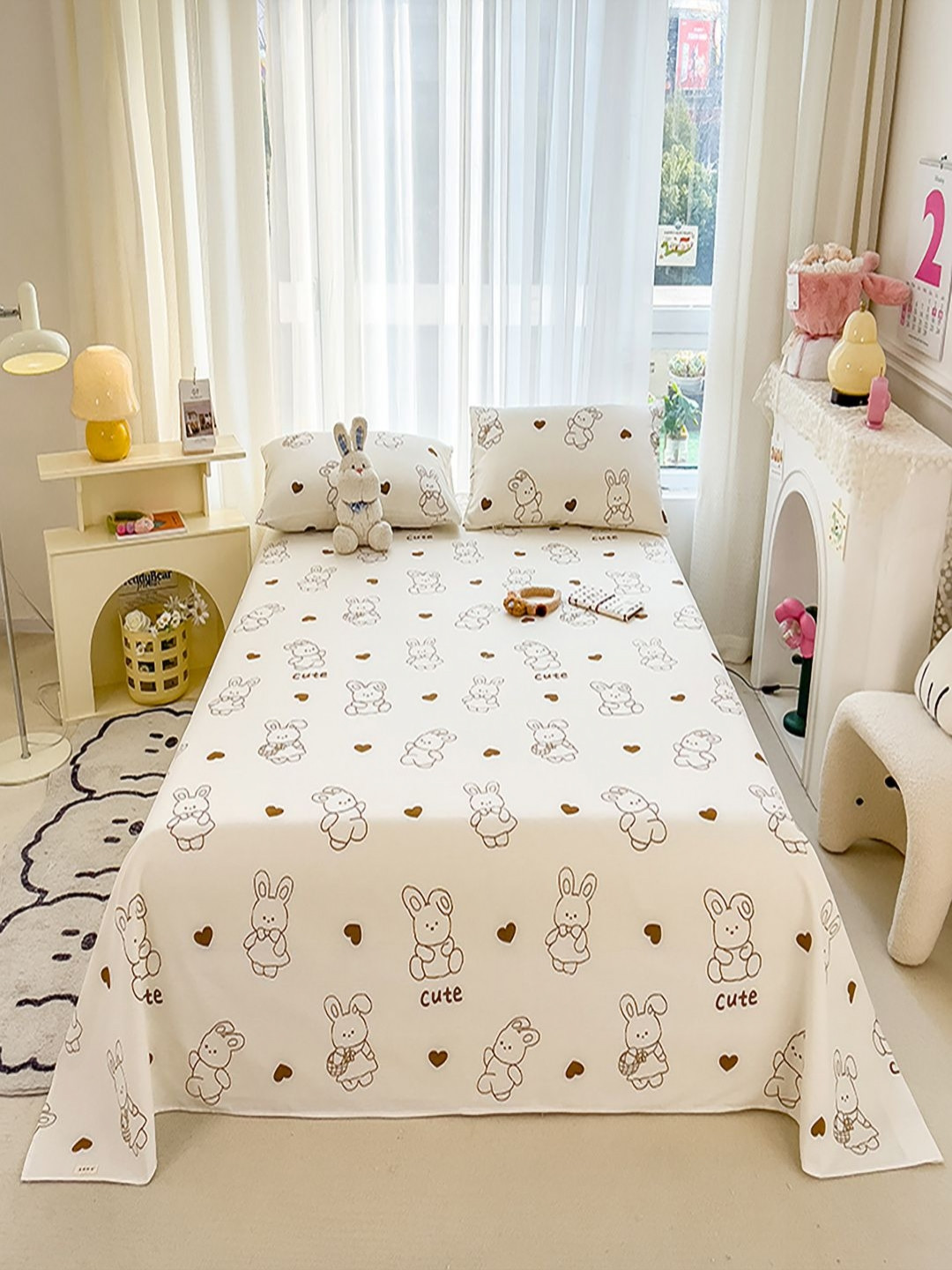 JC HOME White Cartoon Characters Polycotton 140 TC Single Bedsheet with a Pillow Cover-91 x 63 inches