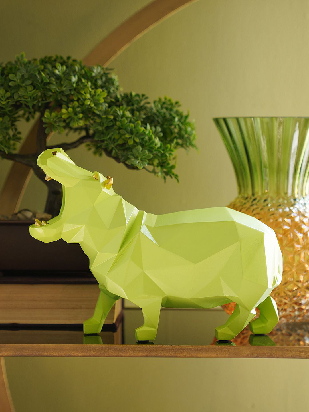 Pure Home and Living Hippopotamus Green Polyresin Glossy Living Room Small Showpiece - 7.1 Inches