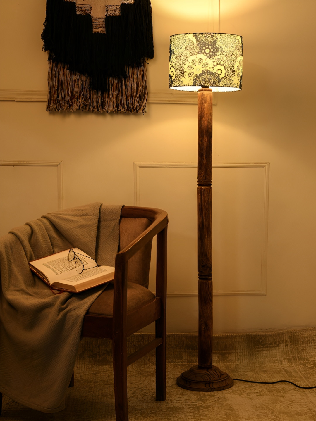 green girgit White & Brown Ethnic Motifs Printed Cylinder Shaped Wooden Drum Floor Lamp