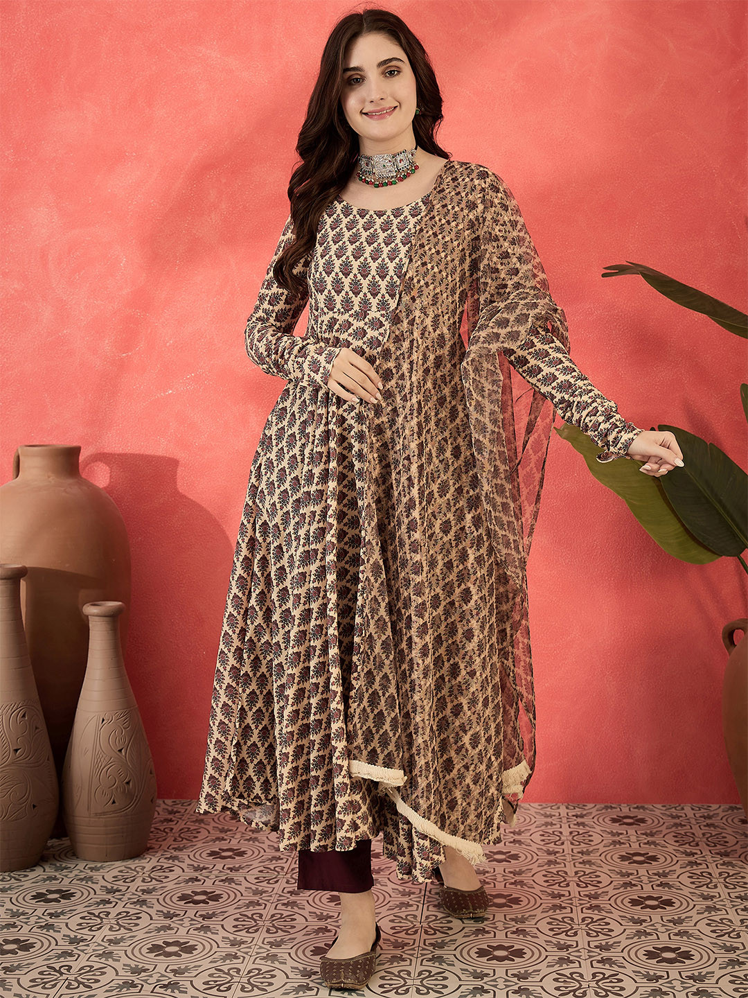 Sangria Mughal Floral Printed Round Neck Muslin Anarkali Kurta With Trousers & Dupatta