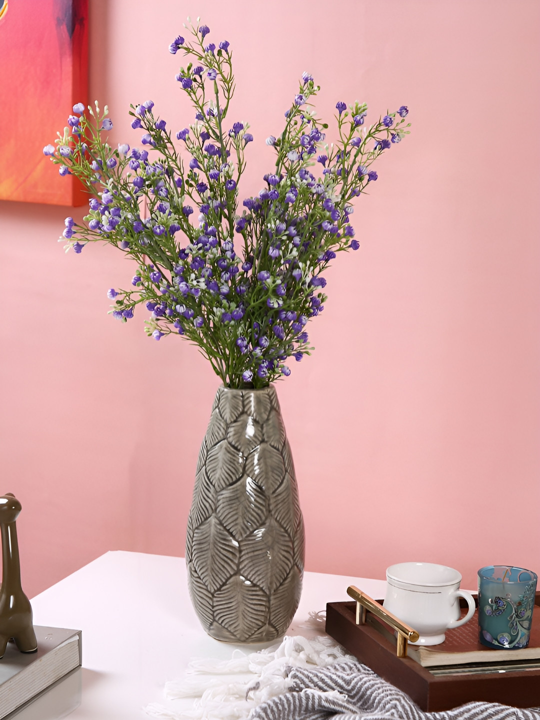 TAYHAA Grey Leaf Carved Concrete Textured Ceramic Flower Vase